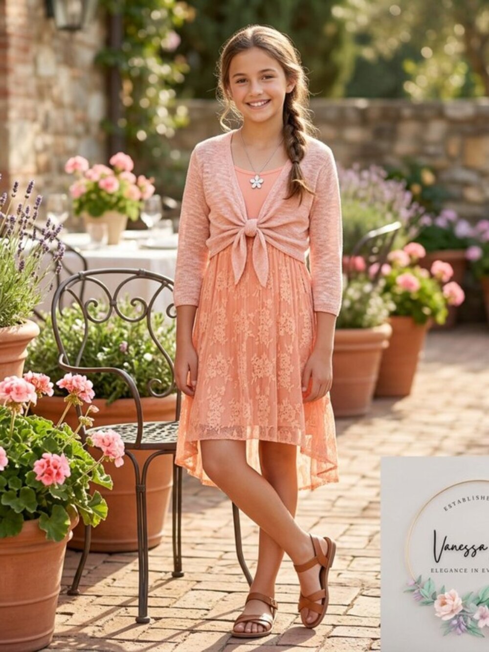 Beautees Girls' Big 2 Pc. Tie Front Shrug Over Pleated Tunic, Coral, Size Large